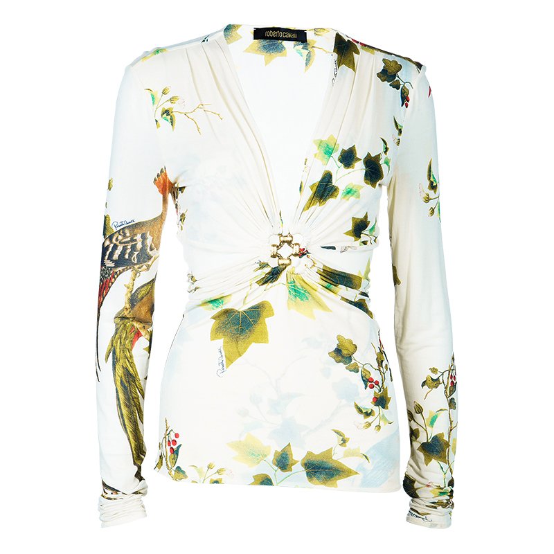 Pre Owned توب روبرتو كافالي أبيض بطباعة متعددة الألوان وأكمام طويلة L