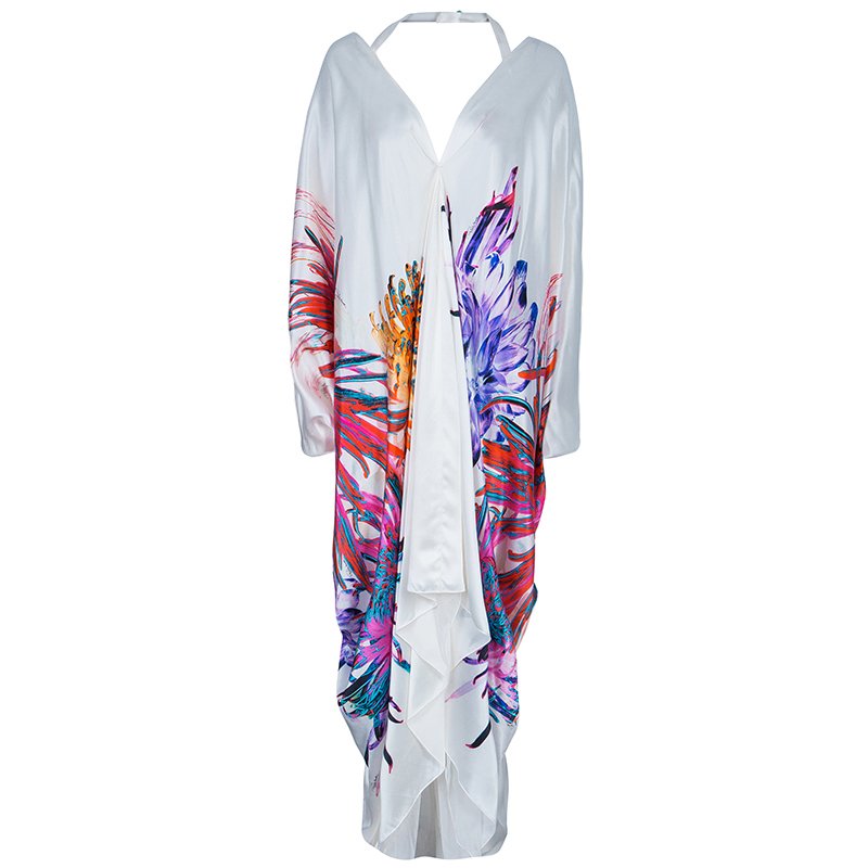 مملوكة مسبقًا قفطان روبرتو كافالي منقوش أبيض متعدد الألوان L