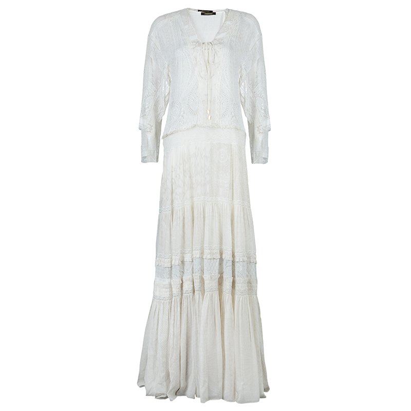 Pre Owned Roberto Cavalli Cream Printed Silk Lace Insert Tiered Maxi Dress S