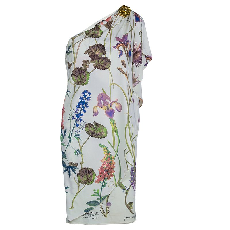 Pre Owned Roberto Cavalli White Knit Floral Printed One Shoulder Dress S