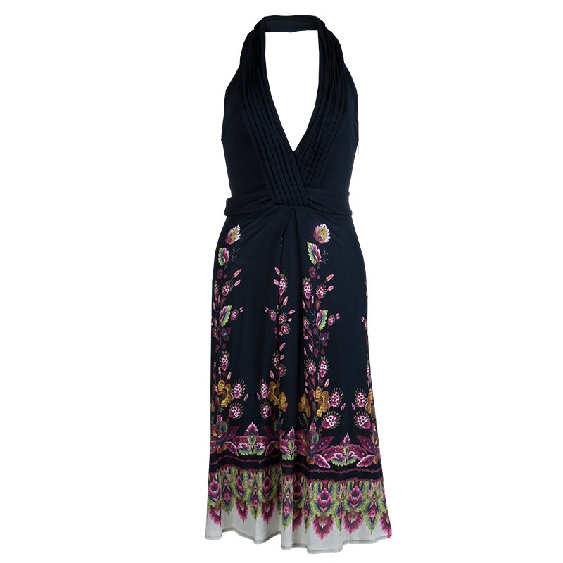 Roberto Cavalli Black Knit Floral Print Halter Dress S