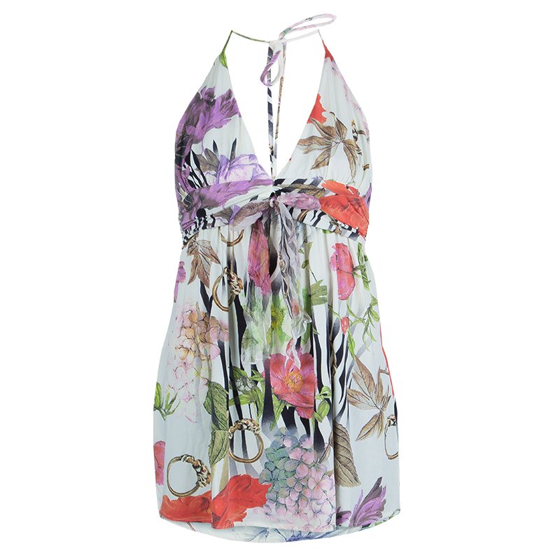 Pre Owned Class by Roberto Cavalli Multicolor Floral Print Knit Halter Top L