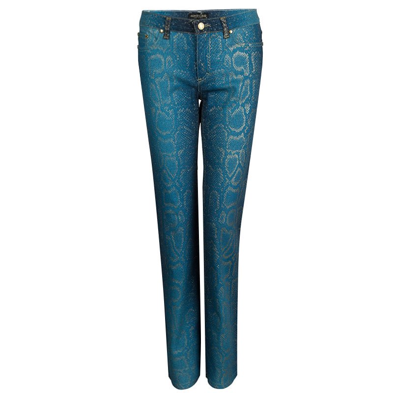 مملوكة مسبقًا Roberto Cavalli Electric Blue Glitter Snake Print Boot Cut Jeans XS