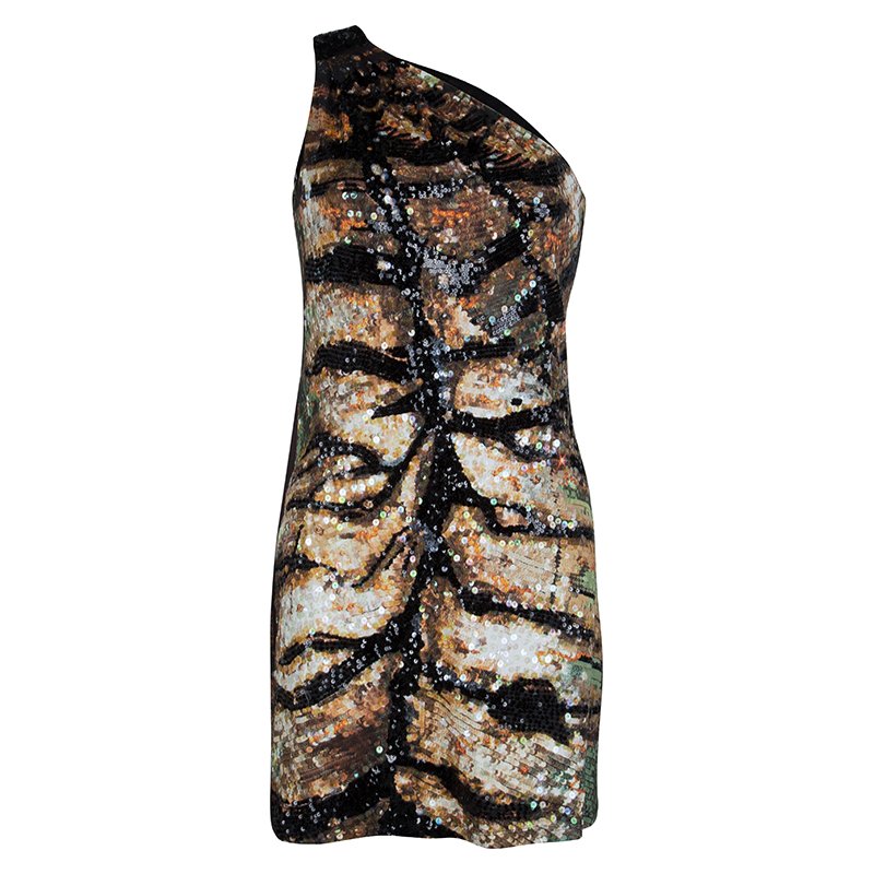 Pre Owned فستان روبيرتو كافالي تريكو متعدد الألوان مزخرف بالترتر كتف واحد L