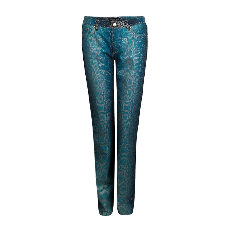 Pre Owned بنطلون جينز روبرتو كافالي أزرق إليكتريك طباعة نقشة الثعبان غليتر براق قصة بوت S