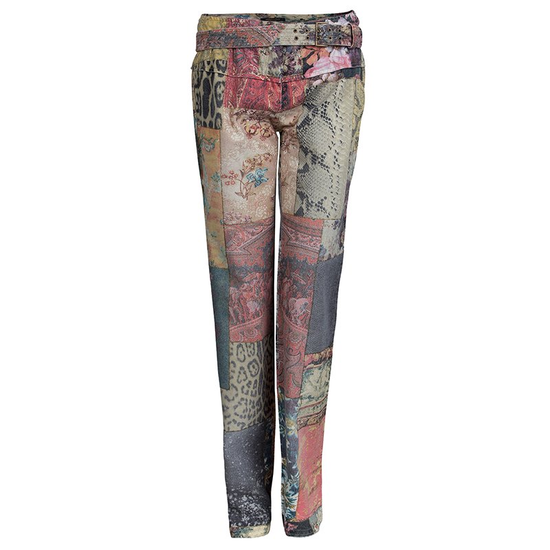 Roberto Cavalli Multicolor Patchwork Print Belted Boot Cut Jeans S