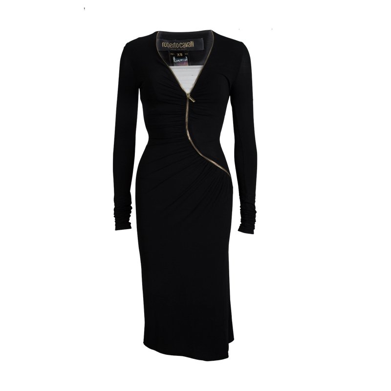 Pre Owned Roberto Cavalli Black Knit Long Sleeve Zip Detail Dress XS