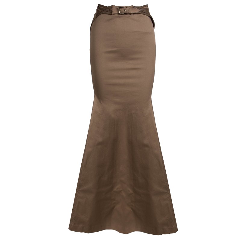Roberto Cavalli Tan Brown Belted Flared Maxi Skirt S