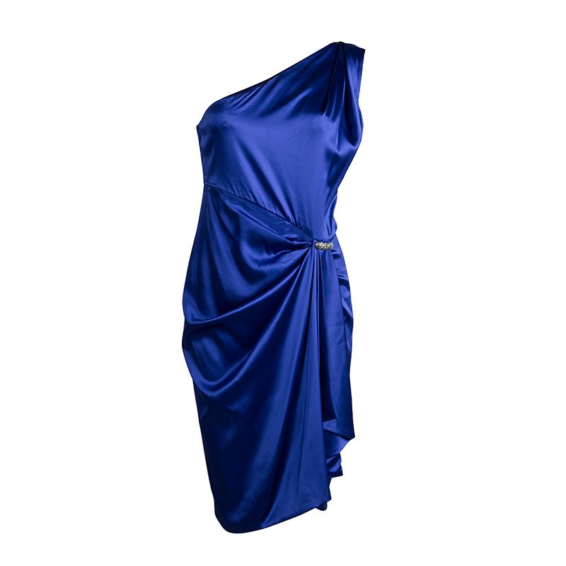 فستان روبرتو كافالي حرير أزرق بروش مزين غير متماثل بكتف واحد M