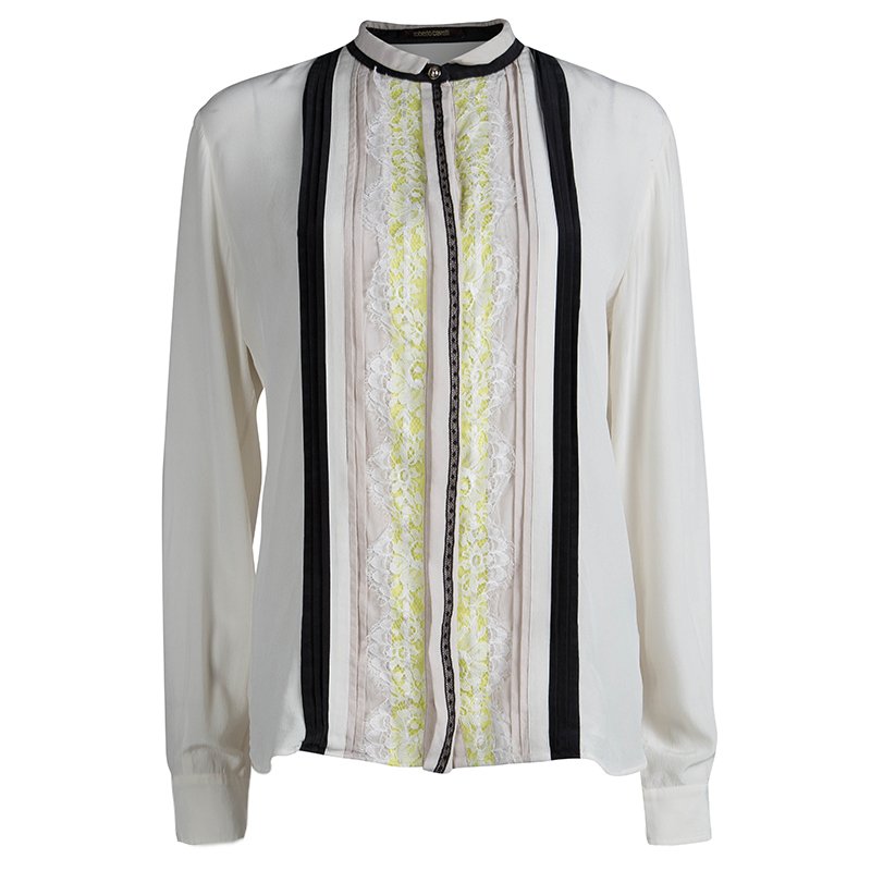 Pre Owned Roberto Cavalli Cream Silk Pintucked Lace Trim Blouse M