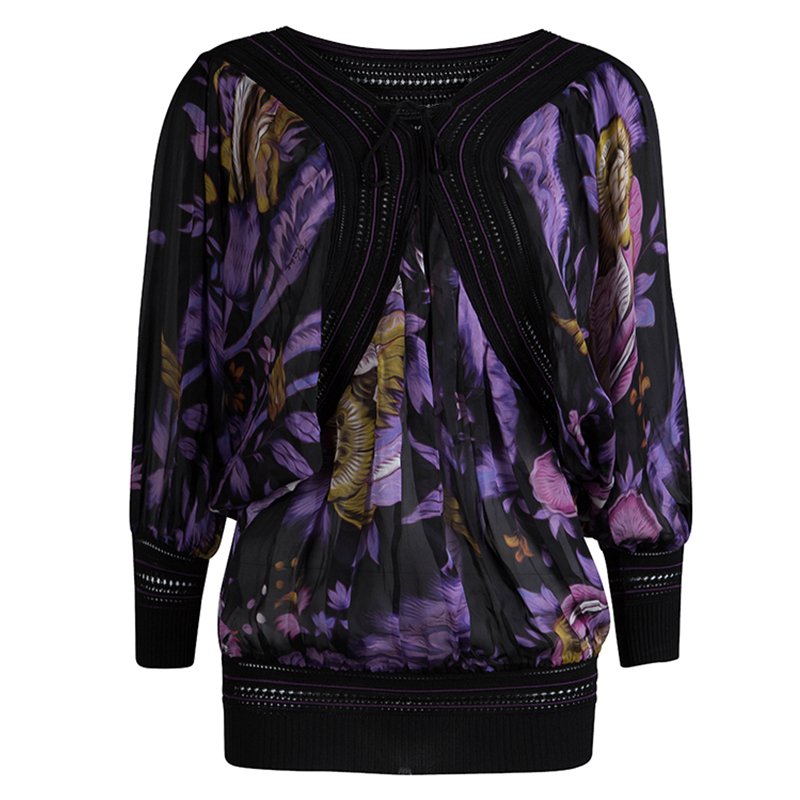 Pre Owned Roberto Cavalli Multicolor Floral Printed Silk Sheer Blouse S