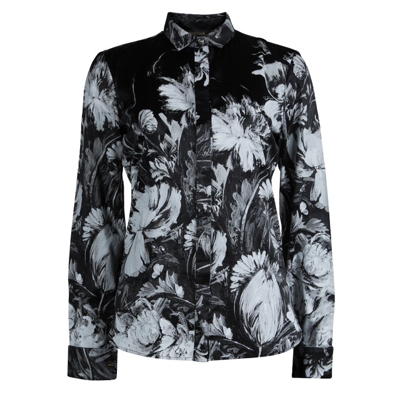 Roberto Cavalli Monochrome Floral Printed Silk Shirt S