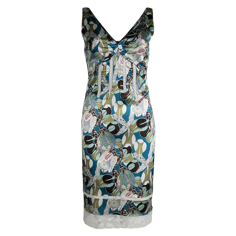 مملوكة مسبقًا فستان روبرتو كافالي بلا أكمام بدواخل دانتيل حرير منقوش متعدد الألوان S