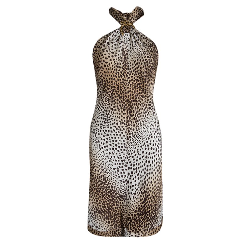 Pre Owned Roberto Cavalli Leopard Print Brooch Detail Halter Dress S