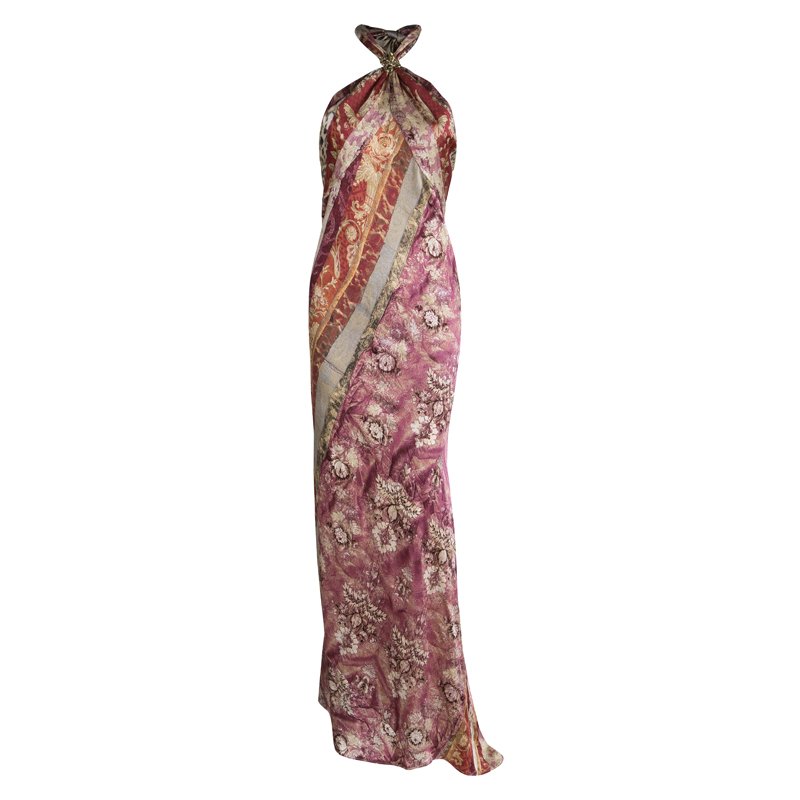 Pre Owned Roberto Cavalli Multicolor Silk Printed Halter Neck Maxi Dress M