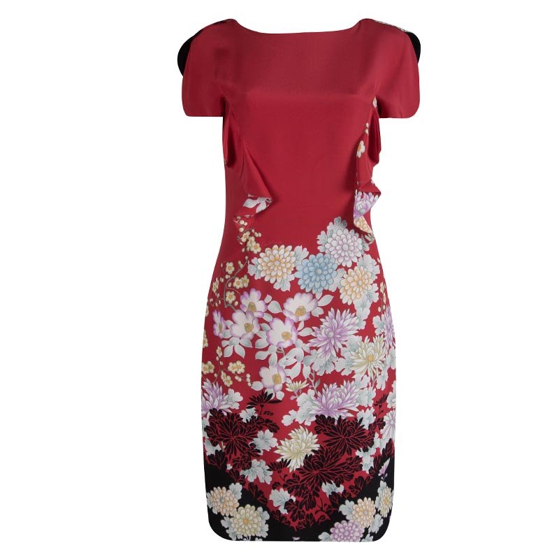 Pre Owned Roberto Cavalli Red Floral Printed Silk Ruffle Detail Dress M