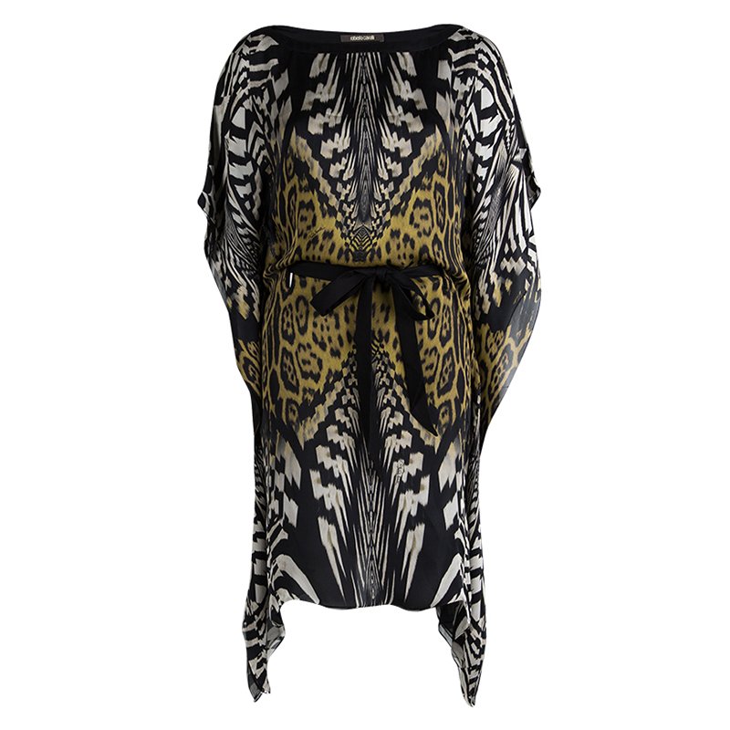 مملوكة مسبقًا Roberto Cavalli Animal Printed Silk Tie Detail Kaftan S