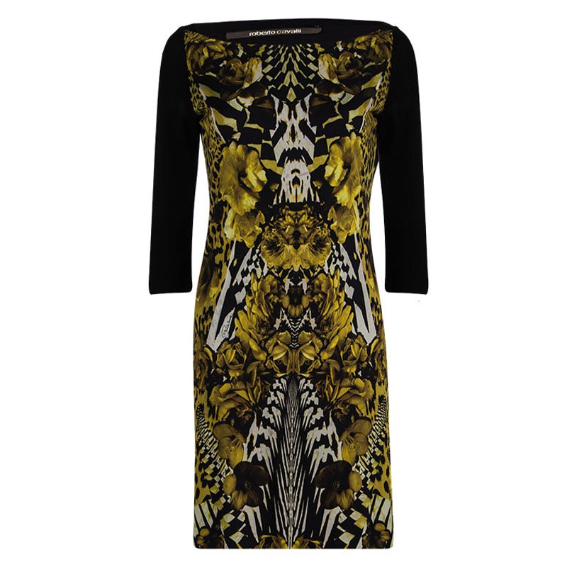 مملوكة مسبقًا فستان روبرتو كافالي أسود مطبوع بأكمام طويلة M