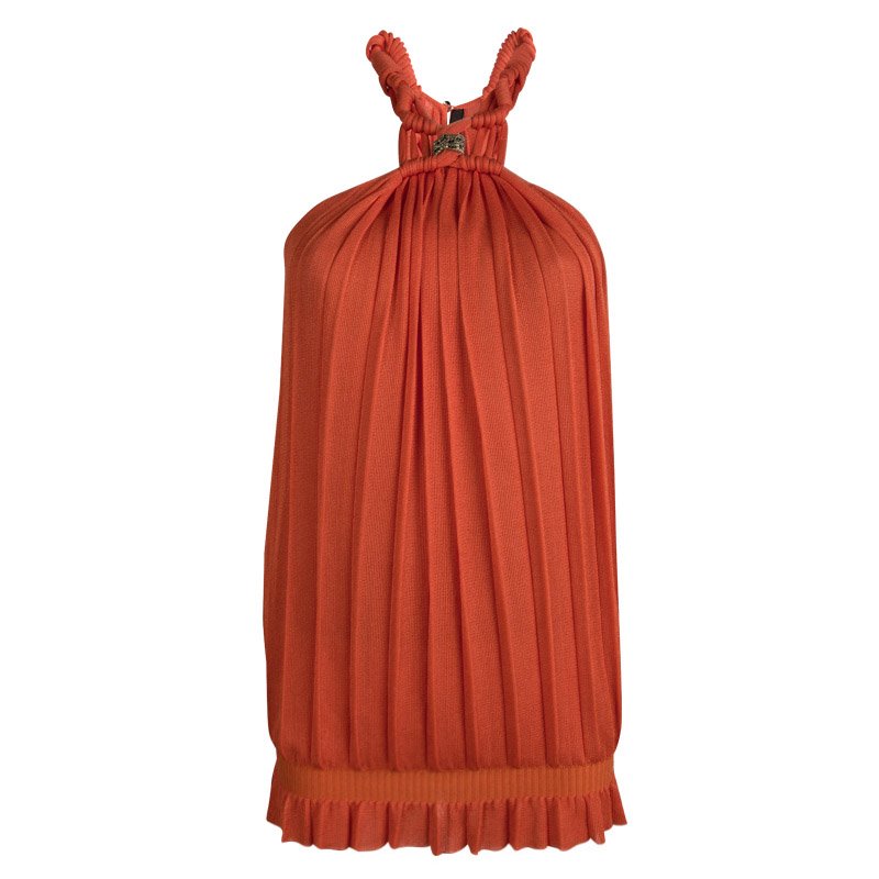 Pre Owned Roberto Cavalli Orange Plisse Knit Knotted Sleeveless Top S