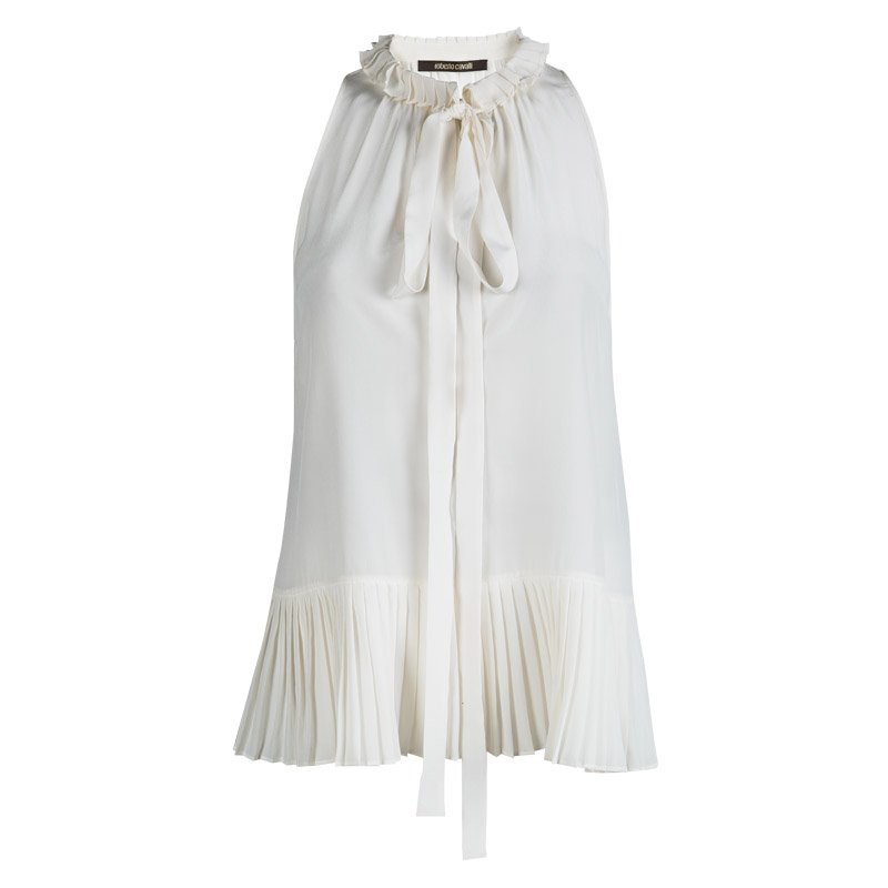 Pre Owned Roberto Cavalli Off White Plisse Silk Tie Detail Sleeveless Top M