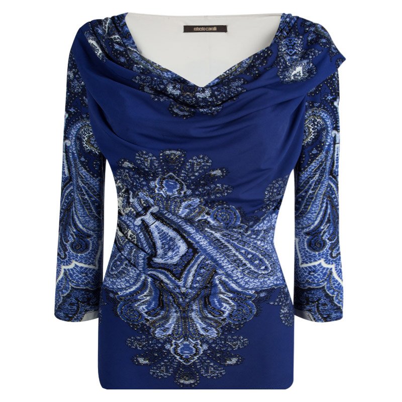 مملوكة مسبقًا Roberto Cavalli Blue Printed Draped Top M