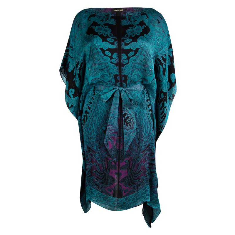 مملوكة مسبقًا Roberto Cavalli Blue Printed Silk Tie Detail Kaftan Tunic M