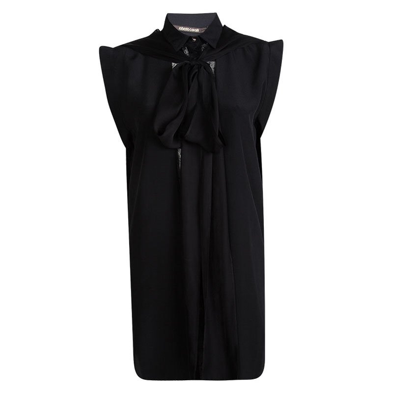 Pre Owned تونيك روبرتو كافالي حرير أسود لمسات دانتيل برباط مزين غير متساوي M