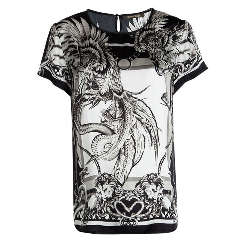 Pre Owned Roberto Cavalli Monochrome Printed Short Sleeve Top M