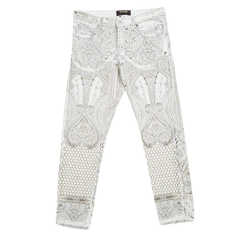Pre Owned Roberto Cavalli White Printed Denim Straight Fit Jeans M