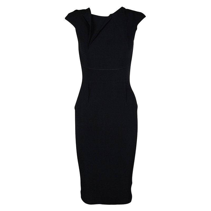 Pre Owned Roland Mouret Black Asymmetric Neck Detail Cap Sleeve Dress S