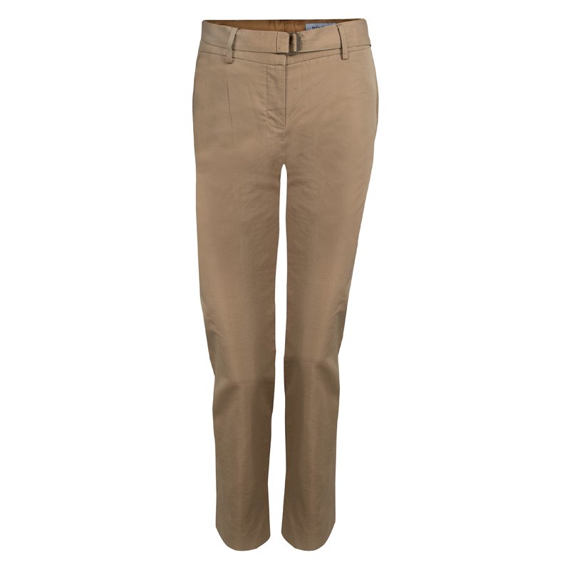 Pre Owned Saint Laurent Sand Brown Slub Cotton Belted Trousers S