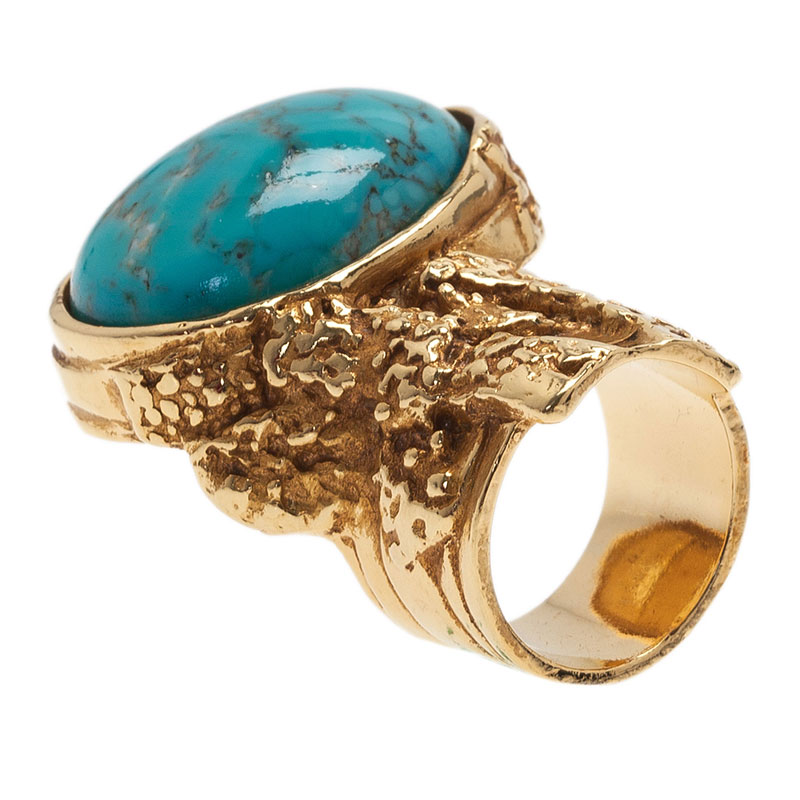 Pre Owned Saint Laurent Paris Arty Turquoise Gold Tone Ring Size 49