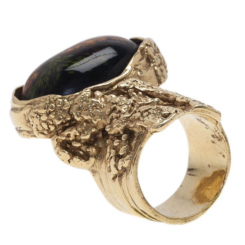 Pre Owned Saint Laurent Paris Arty Black And Green Gold Tone Ring Size 54.5