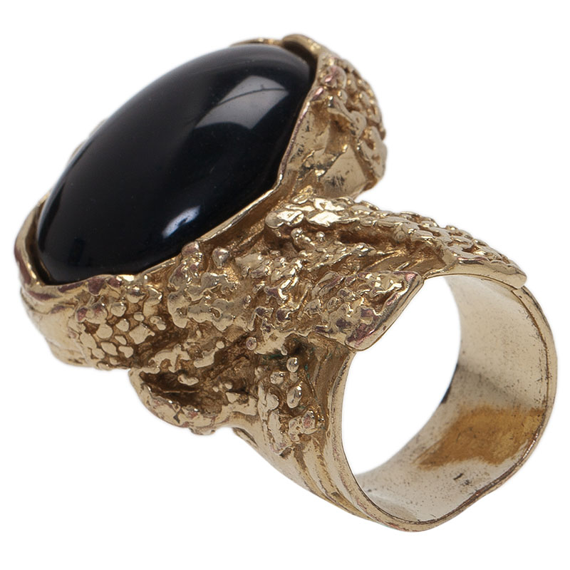 Pre Owned Saint Laurent Paris Arty Black Gold Tone Ring Size 52