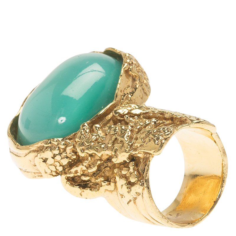 Pre Owned Saint Laurent Paris Arty Chatoyant Light Green Stone Gold Tone Ring Size 52