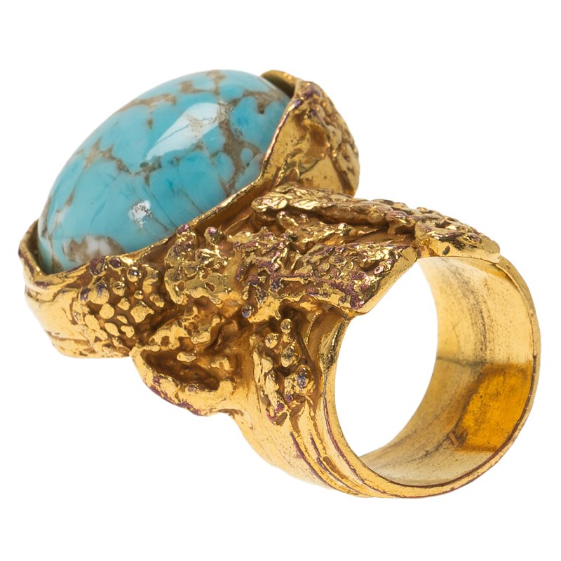 Saint Laurent Paris Arty Turquoise Color Gold Tone Ring Size 54.5