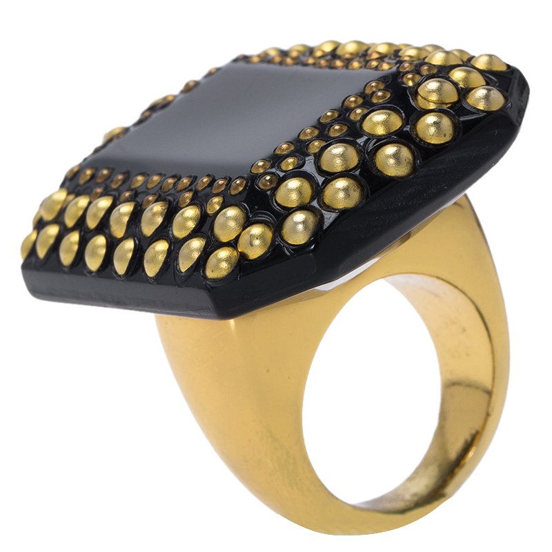 مملوكة مسبقًا Saint Laurent Paris Black Resin & Gold Tone Studs Emerald-Cut Ring Size 52