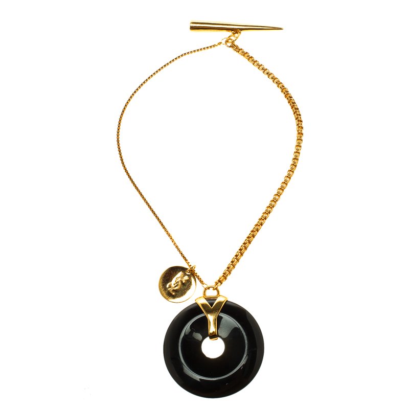 Pre Owned Saint Laurent Paris Black Resin Charm Rose Gold Tone Bracelet 19cm