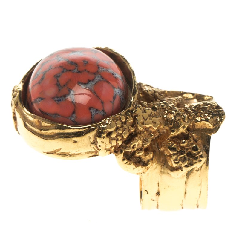 Pre Owned خاتم سان لوران باريس أرتي لون ذهبي كابوشون زجاج وردي محمر مقاس 54.5