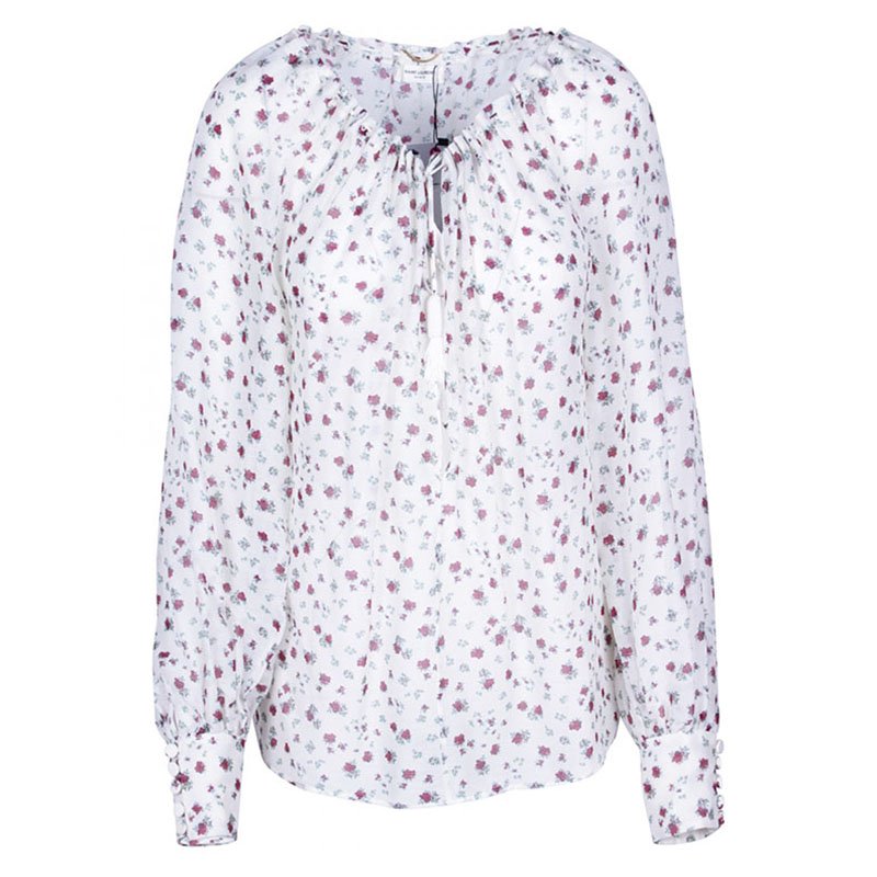 Saint Laurent Paris White Rose Print Silk Blouse M