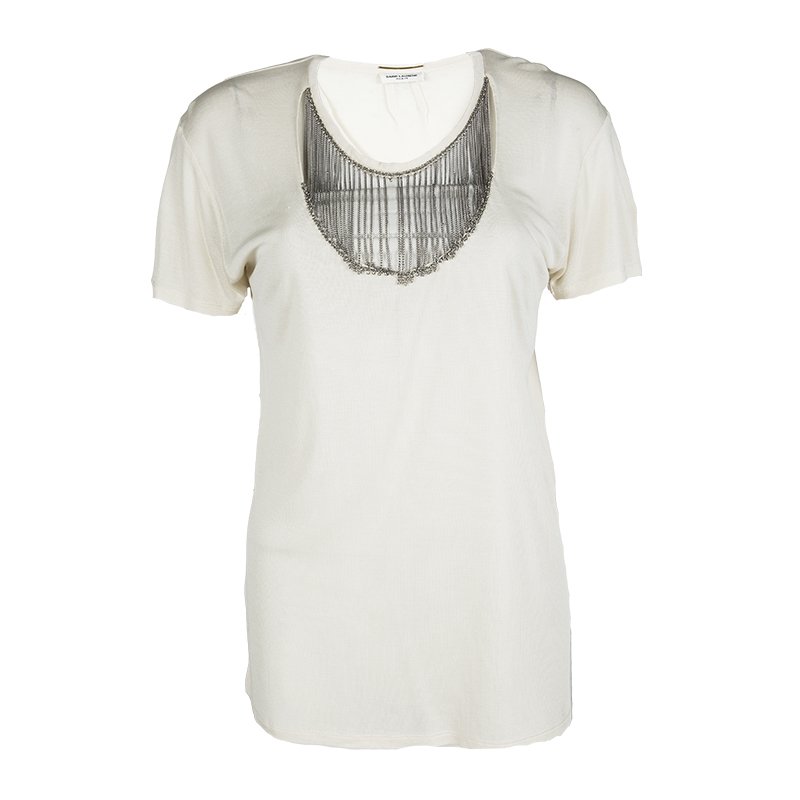 مملوكة مسبقًا توب سان لوران باريس حرير جيرسيه كريمي بسلسلة مزخرفة M