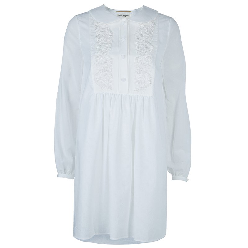 Saint Laurent Paris White Embroidered Yoke Detail Long Sleeve Cotton Dress M
