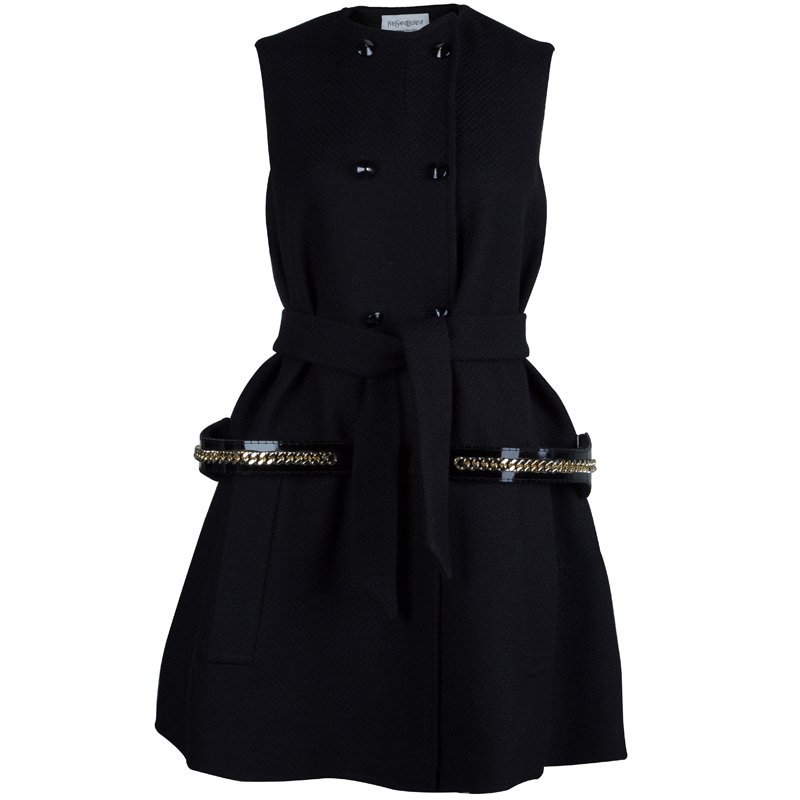 Saint Laurent Black Wool Sleeveless Belted Coat S