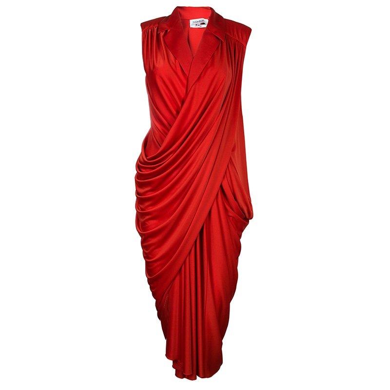 مملوكة مسبقًا Saint Laurent Paris Red Lapel Detail Draped Sleeveless Dress S