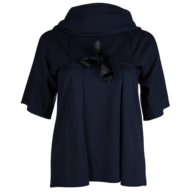 Pre Owned توب سان لوران باريس تريكو أزرق كحلي برقبة كبيرة وفيونكة M