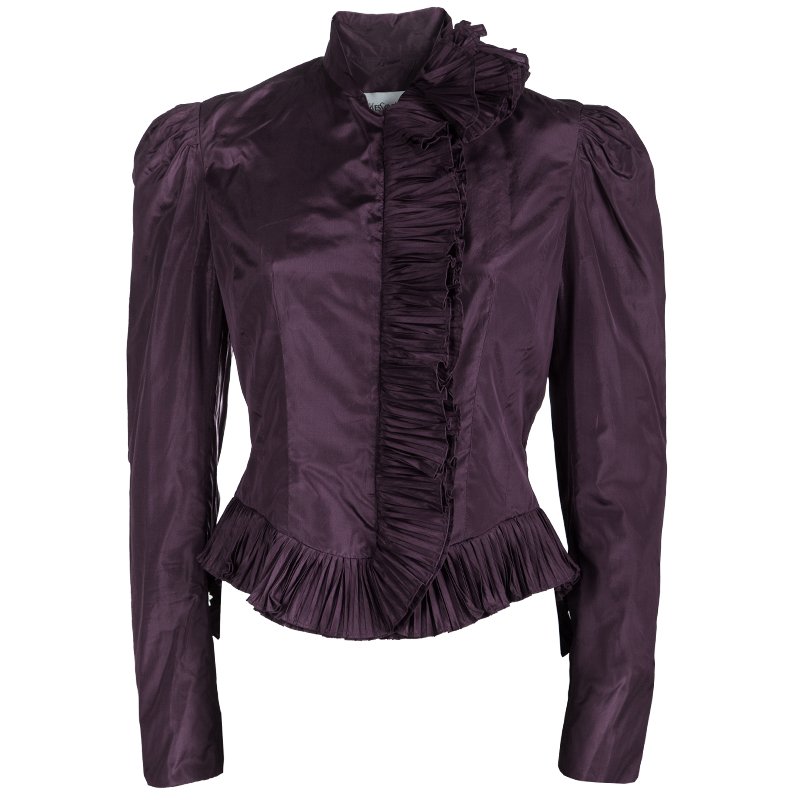 Pre Owned Saint Laurent Paris Purple Silk Plisse Ruffle Detail Zip Front Jacket M
