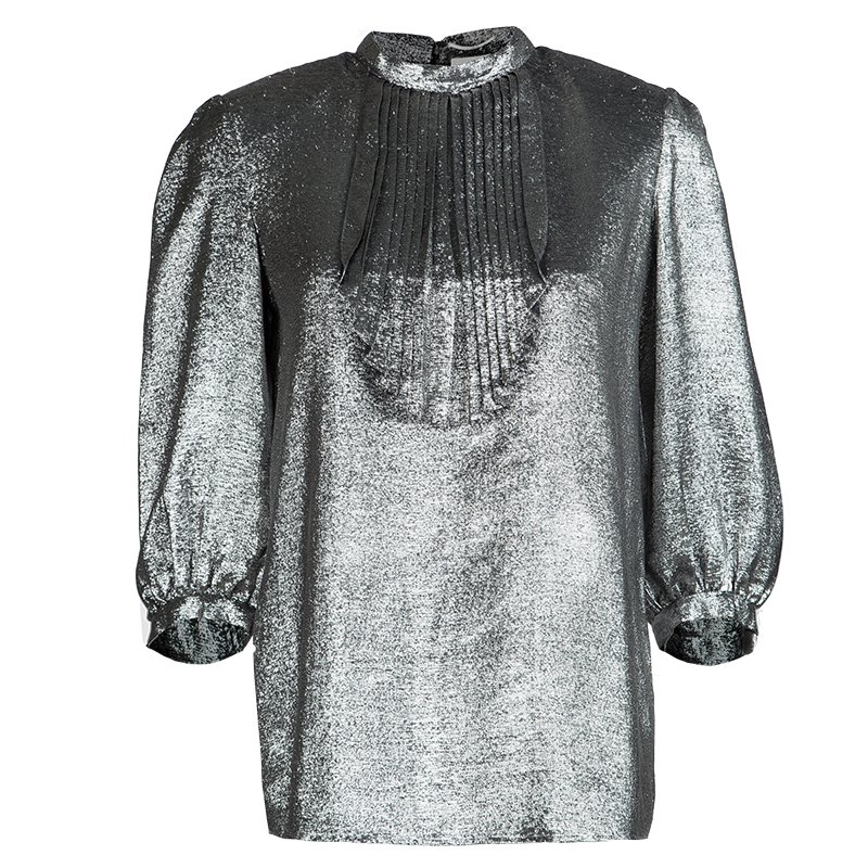 Pre Owned Saint Laurent Paris Metallic Silver Pleat Detail Long Sleeve Top M