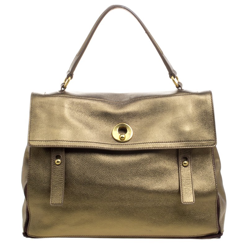 Pre Owned Saint Laurent Paris Gold Leather Large Muse Two Satchel