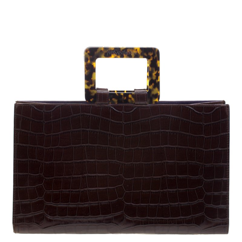 Pre Owned حقيبة سان لوران باريس فينتدج جلد نقشة الثعبان بني بيد علوية