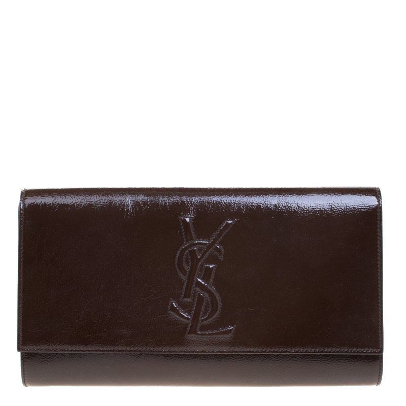 Saint Laurent Paris Brown Patent Leather Belle De Jour Flap Clutch